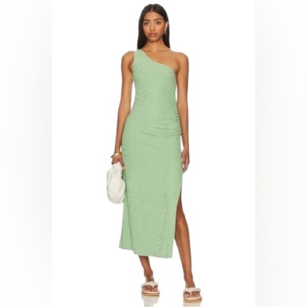 Seafolly One Shoulder Second Wave Midi Dress in Palm Green Textured Vacation M